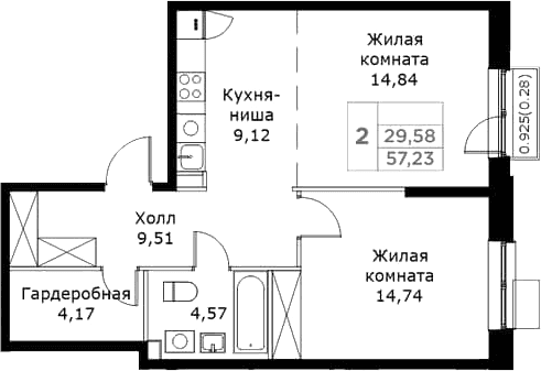Планировка: Евродвушка 57 м² в ЖК «КИТ»