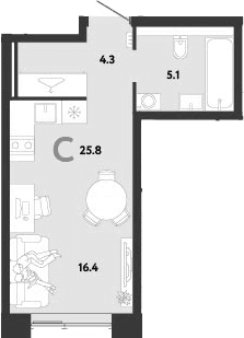 Планировка: Студия 25,8 м² в ЖК «Страна.Заречная»