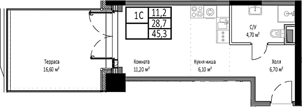 Планировка: Студия 28,7 м² в ЖК «Мираполис»