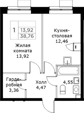 Планировка: 1-комнатная квартира 38,8 м² в ЖК «КИТ»