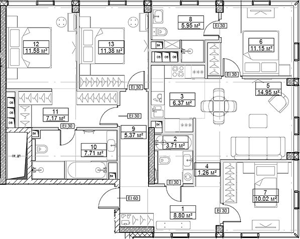 Планировка: Квартира евро-5 105,4 м² в ЖК «Сити Бэй»