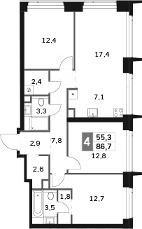 Планировка: Квартира евро-4 86,7 м² в ЖК «Амбер Сити»