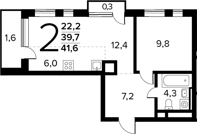 Планировка: Евродвушка 39,7 м² в ЖК «Новые Ватутинки Квартал у реки»