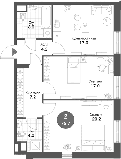 Планировка: Евротрёшка 75,7 м² в ЖК «Воксхолл»