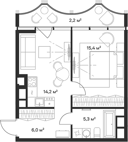 Планировка: Евродвушка 40,9 м² в ЖК «Союз»