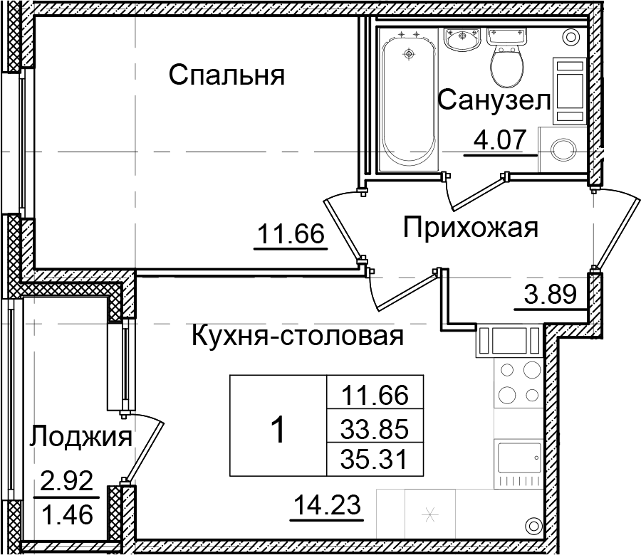 Планировка: 1-комнатная квартира 33,9 м² в ЖК «Квартал Заречье»