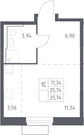 Планировка: Студия 25,7 м² в ЖК «Квартал Строгино»