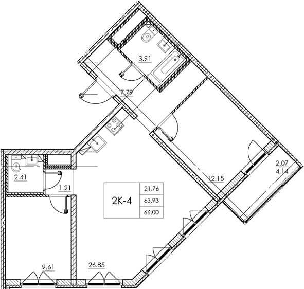 Планировка: Евротрёшка 63,9 м² в ЖК «Стороны света 2»
