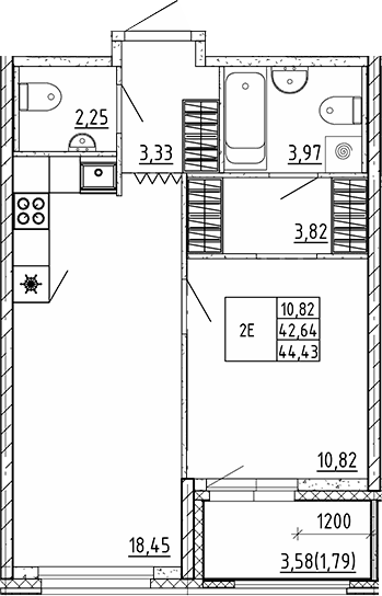 Планировка: Евродвушка 42,6 м² в ЖК «Квартал Воронцовский»