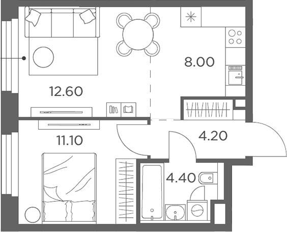 Планировка: Евродвушка 40,3 м² в ЖК «Белый Град»