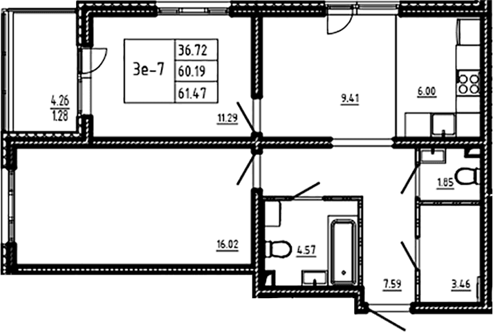 Планировка: Евротрёшка 60,2 м² в ЖК «ЛесАрт»