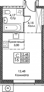 Планировка: Студия 23,8 м² в ЖК «ЭВОПАРК Сокольники»