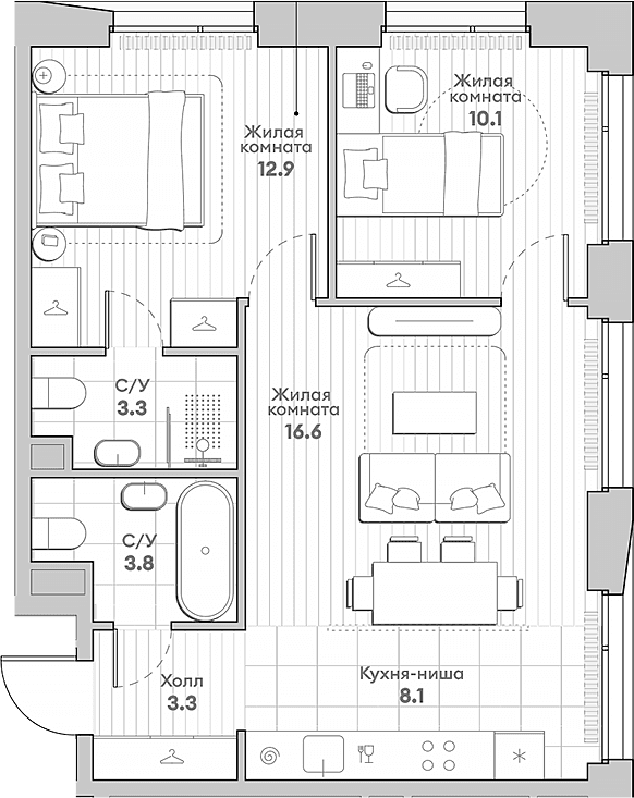 Планировка: Евротрёшка 58,1 м² в ЖК «НАТИВ»