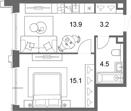 Планировка: Евродвушка 36,7 м² в ЖК «ОМ Ботанический»