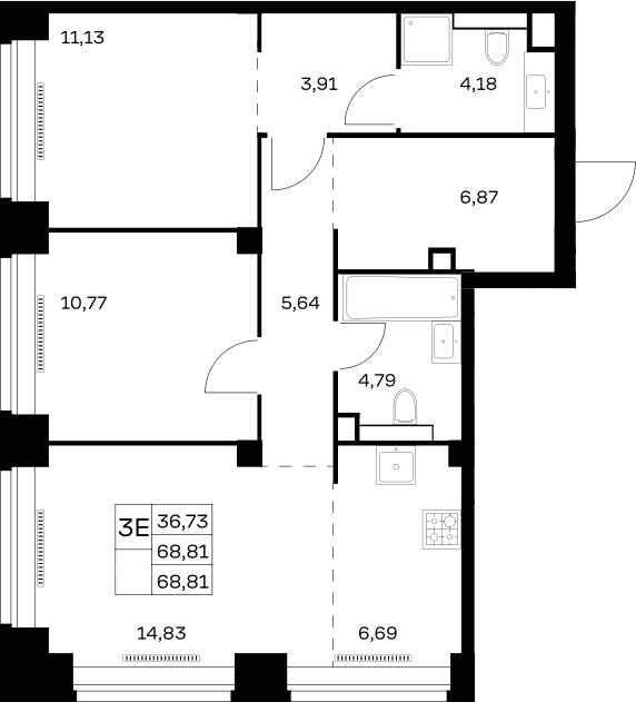 Планировка: Евротрёшка 68,8 м² в ЖК «НОВА»
