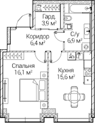 Планировка: 1-комнатная квартира 49 м² в ЖК «СЕЗАР БУДУЩЕЕ»
