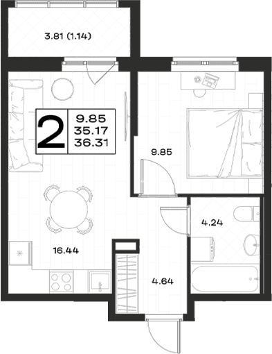 Планировка: Евродвушка 35,2 м² в ЖК «Имена»