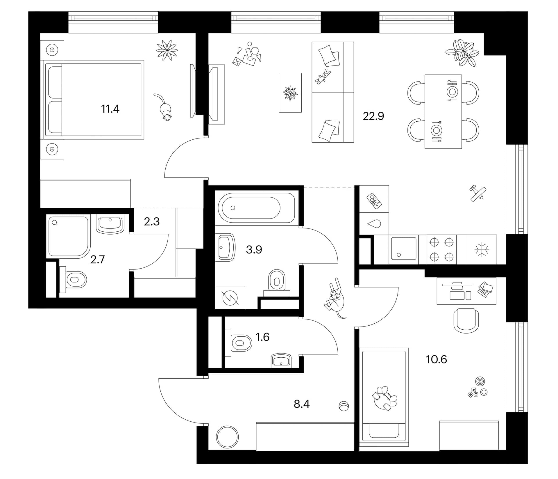 Планировка: 2-комнатная квартира 63,8 м² в ЖК «Зеленый парк»