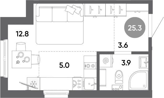 Планировка: Студия 25,3 м² в ЖК «Клюква.Парк»