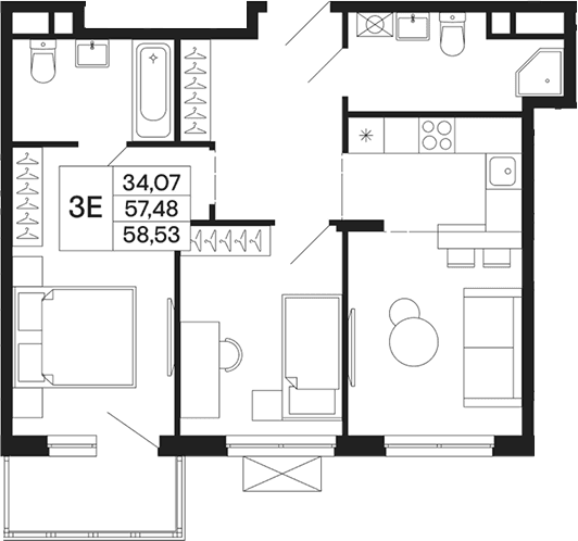 Планировка: Евротрёшка 57,5 м² в ЖК «Базаева 11»