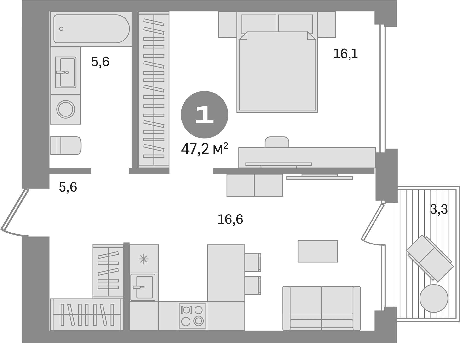 Планировка: 1-комнатная квартира 46,2 м² в ЖК «Дом А»