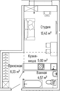 Планировка: Студия 29,3 м² в ЖК «Рига Хиллс»