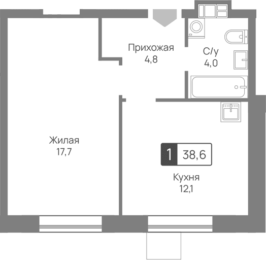Планировка: 1-комнатная квартира 38,6 м² в ЖК «Лесная Отрада»