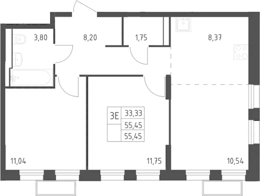 Планировка: Евротрёшка 55,5 м² в ЖК «Квартал Строгино»