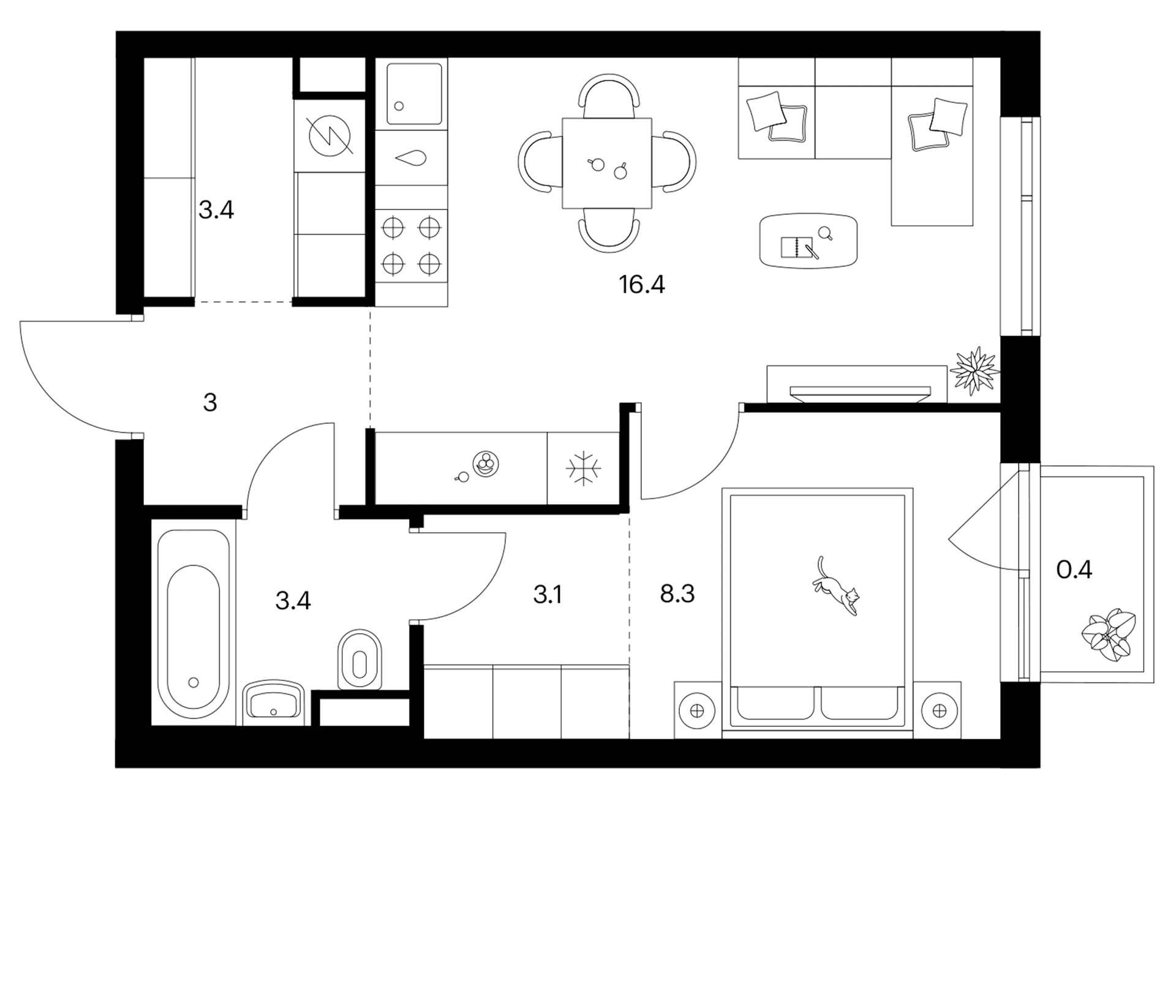 Планировка: 1-комнатная квартира 37,6 м² в ЖК «Бунинская набережная»