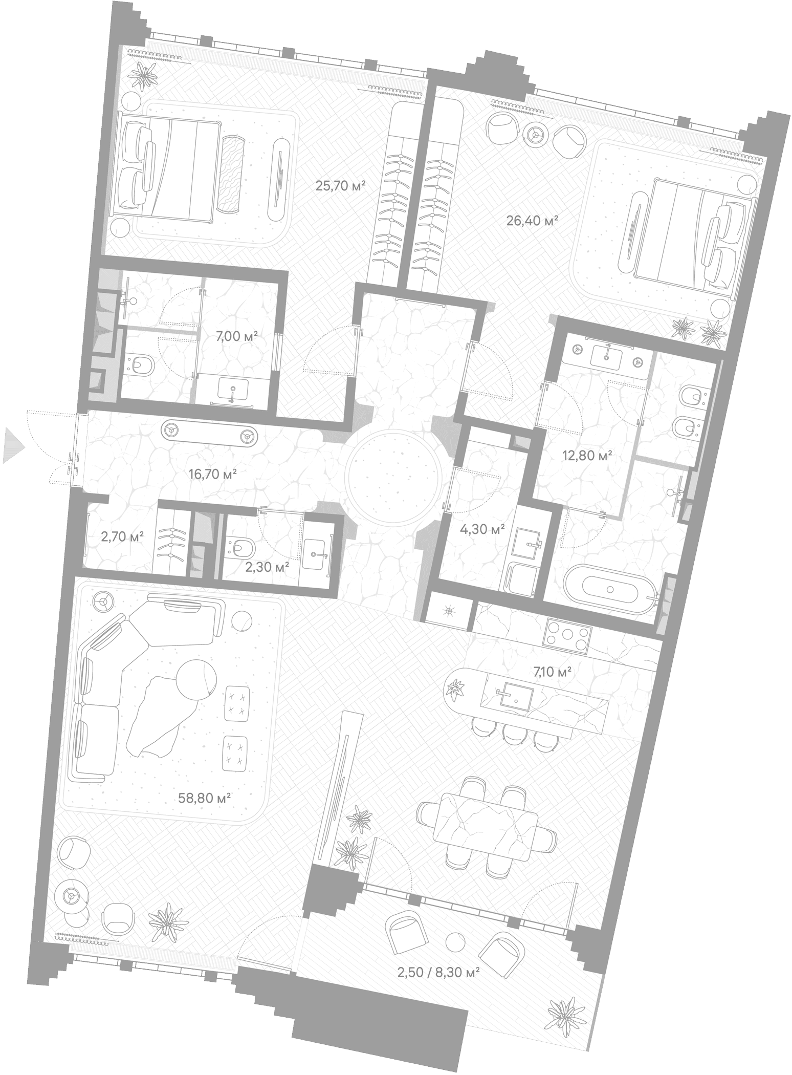 Планировка: 2-комнатная квартира 163,8 м² в ЖК «Николь»