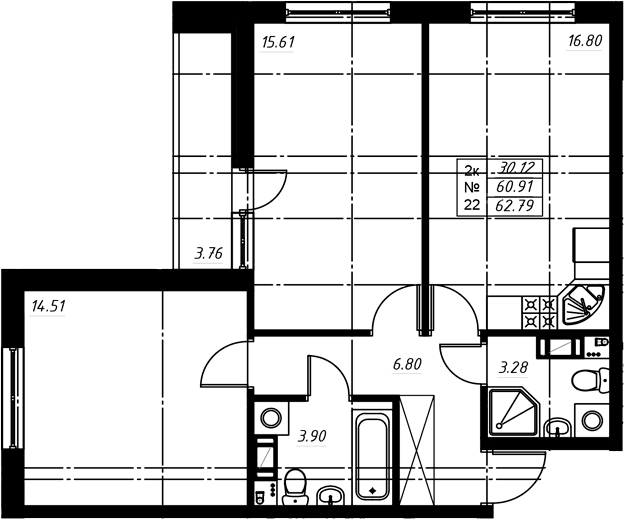 Планировка: Евротрёшка 61,1 м² в ЖК «Огоньки»