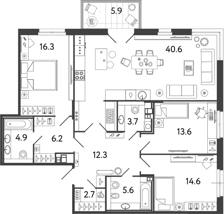 Планировка: Квартира евро-4 120,5 м² в ЖК «Репин»