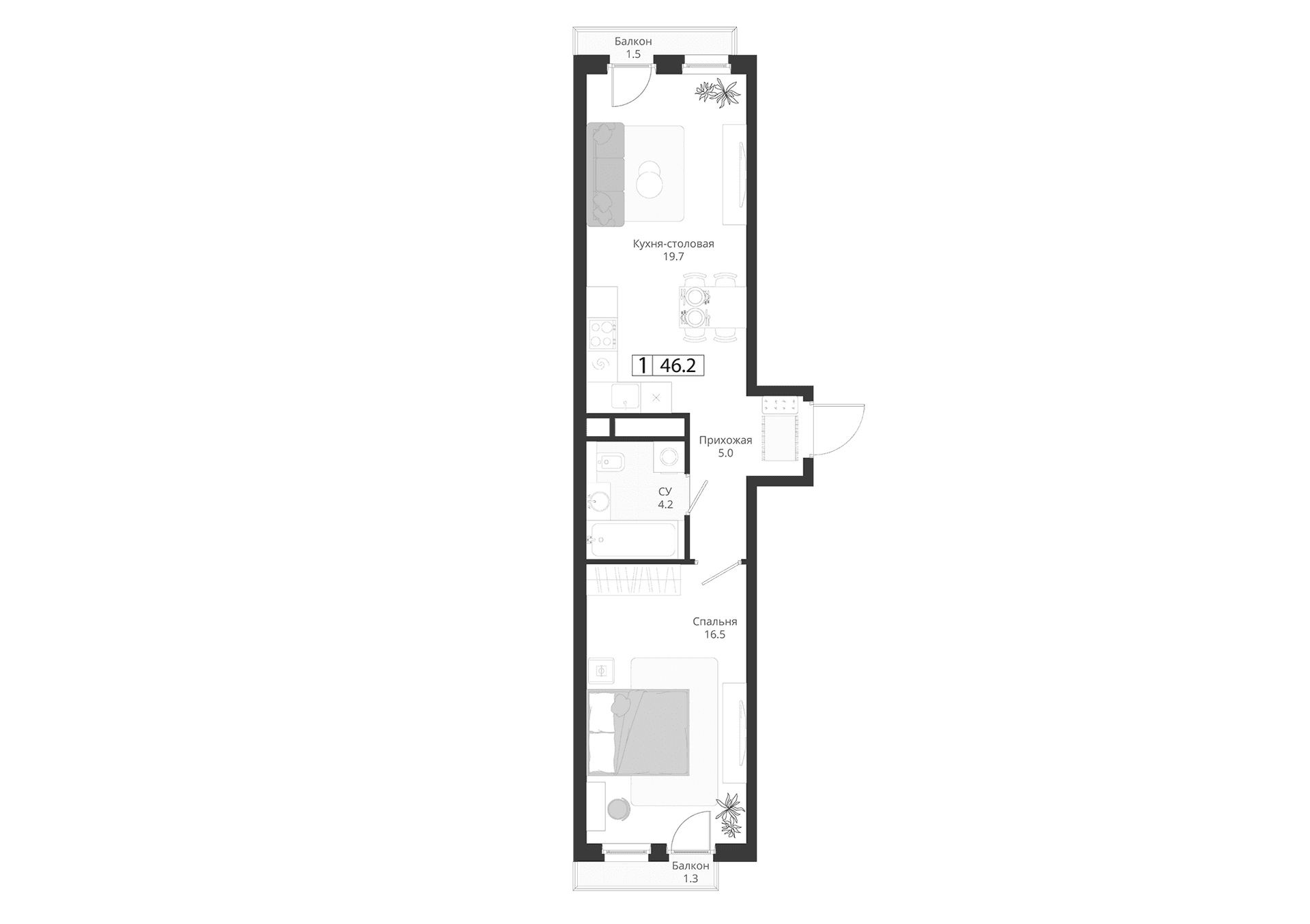 Планировка: Евродвушка 45,4 м² в ЖК «ГРЭЙ»