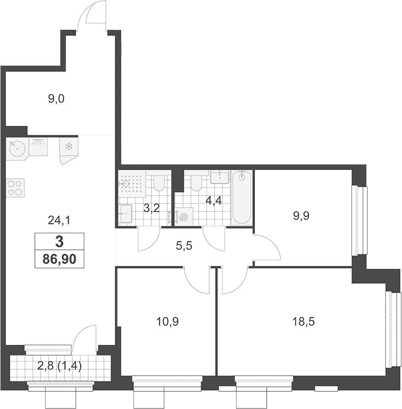 Планировка: Квартира евро-4 85,5 м² в ЖК «Южные сады»