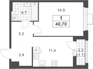 Планировка: 1-комнатная квартира 39,6 м² в ЖК «Южные сады»