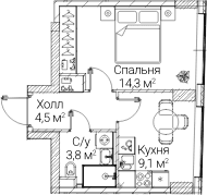 Планировка: 1-комнатная квартира 31,8 м² в ЖК «СЕЗАР БУДУЩЕЕ»