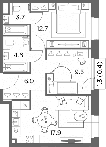 Планировка: 2-комнатная квартира 54,2 м² в ЖК «Станиславский»