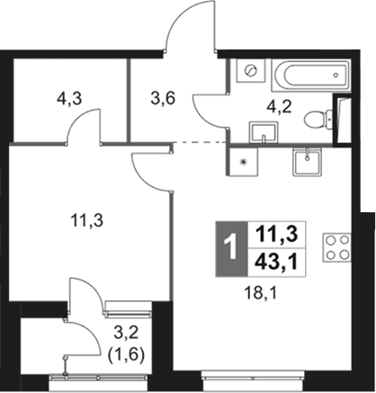 Планировка: Евродвушка 41,5 м² в ЖК «Скай Гарден»