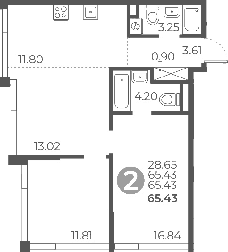 Планировка: 2-комнатная квартира 65,4 м² в ЖК «Мневники от Гранель»