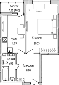 Планировка: 1-комнатная квартира 45,4 м² в ЖК «Рига Хиллс»