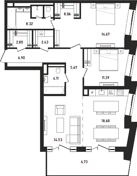 Планировка: Евротрёшка 97,5 м² в ЖК «Репаблик»