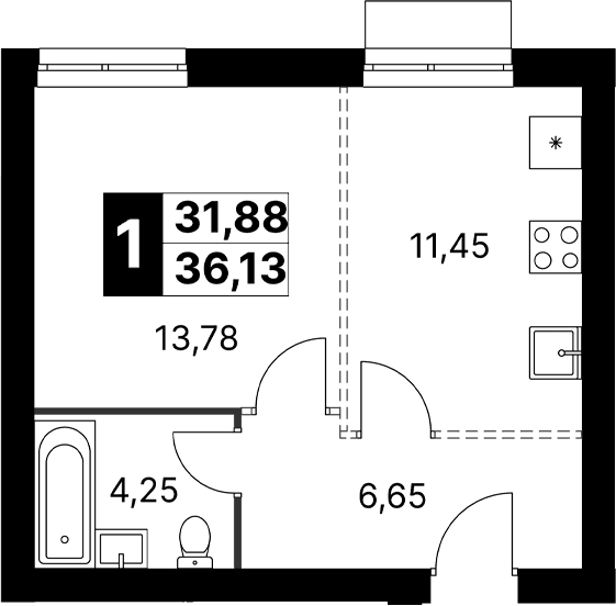 Планировка: Евродвушка 36,1 м² в ЖК «Апрелевка Клаб»