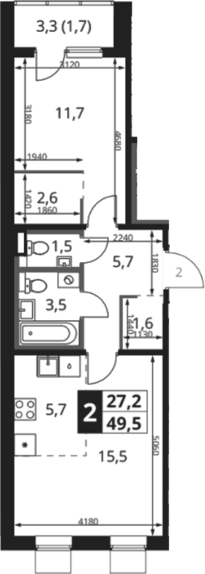 Планировка: Евродвушка 48,6 м² в ЖК «1-й Ясеневский»