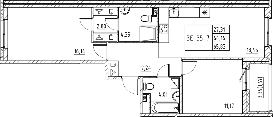Планировка: Евротрёшка 64,2 м² в ЖК «Энфилд»