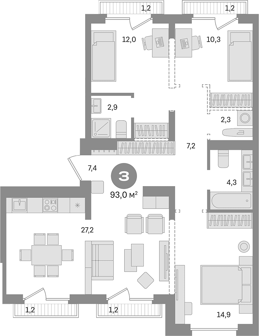 Планировка: 3-комнатная квартира 88,2 м² в ЖК «Первый квартал. Вторая очередь»