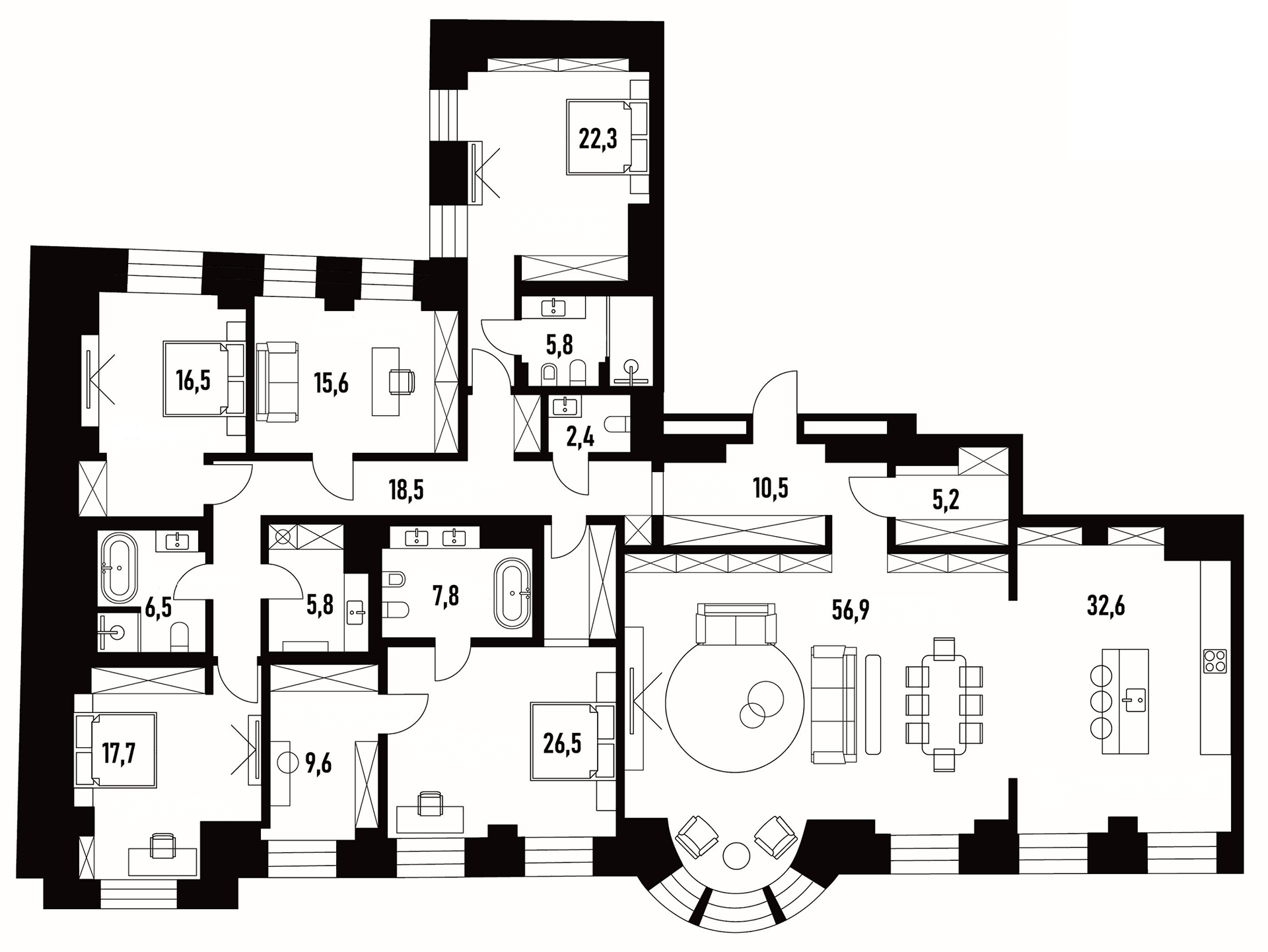 Планировка: 5-комнатная квартира 260,2 м² в ЖК «Хлебный 19»
