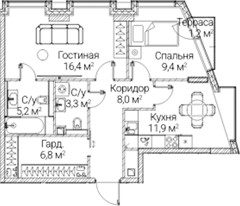 Планировка: 2-комнатная квартира 61 м² в ЖК «СЕЗАР БУДУЩЕЕ»