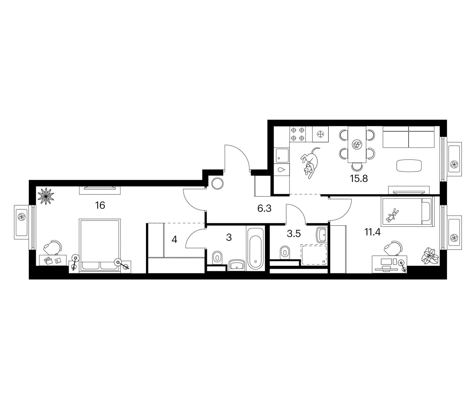 Планировка: 2-комнатная квартира 60 м² в ЖК «Белая Дача парк»