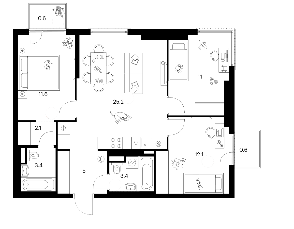 3-комнатная квартира