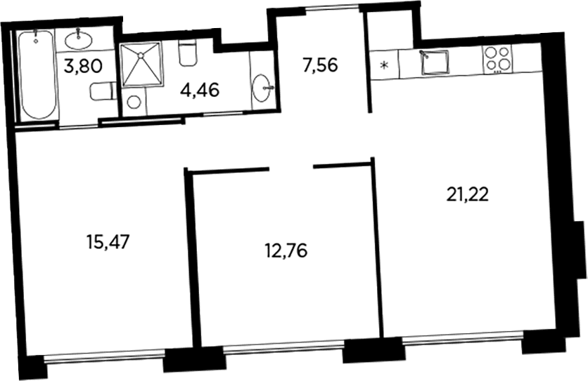 Планировка: Евротрёшка 65,3 м² в ЖК «Акватория»
